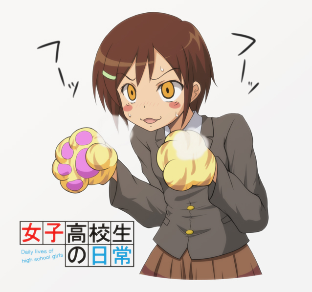 :3, animal_hands, blazer, blush, blush_stickers, breath, brown_hair, cat_paws