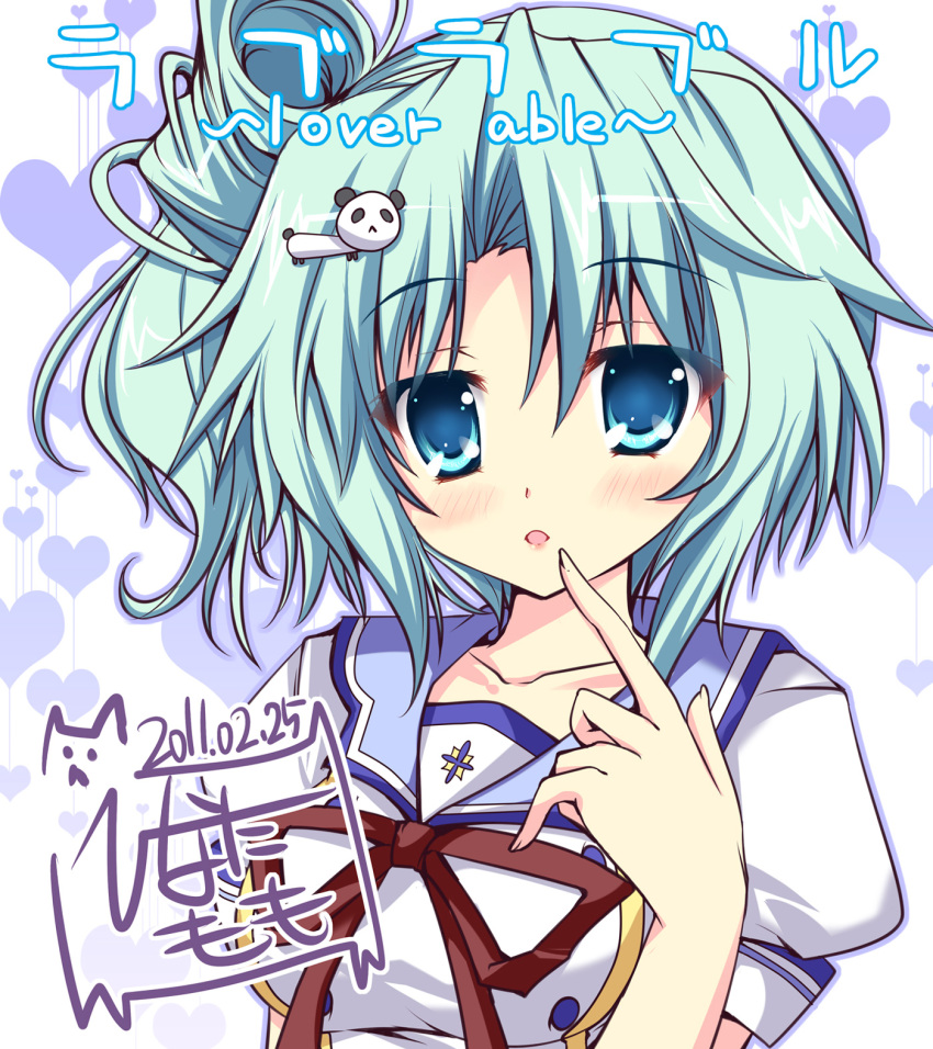 1girl, aqua_eyes, aqua_hair, finger_to_mouth, hair_ornament, hairclip, highres, hinata_momo