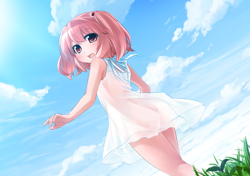 1girl, blush, child, dress, female_focus, hair_bobbles, hair_ornament, highres