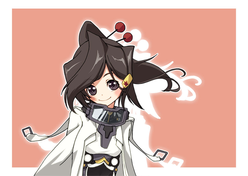 1girl, black_eyes, black_hair, bodysuit, cape, female_focus, goggles, hair_ornament, hairpin, kyoukaisenjou_no_horizon, long_hair, mishina_hiro, nov-cog, ponytail, smile, solo