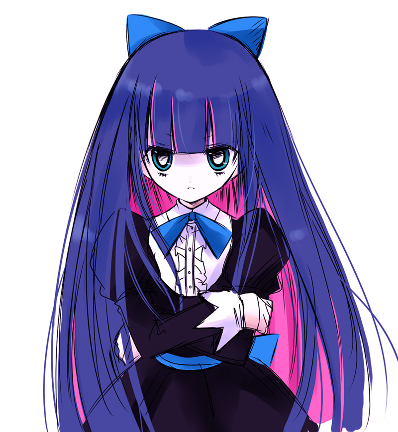 10s, 1girl, blue_eyes, blue_hair, bow, colored_inner_hair, crossed_arms, female_focus, hair_bow, juliet_sleeves, long_hair, long_sleeves, matching_hair/eyes, multicolored_hair, panty_&amp;_stocking_with_garterbelt, pink_hair, puffy_sleeves, sketch, solo, stocking_(psg), two-tone_hair, vanilla_(nicolla), very_long_hair