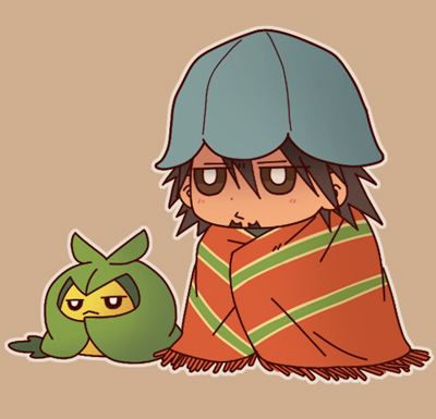 10s, 1boy, brown_eyes, brown_hair, chibi, crossover, fringe_trim, gen_5_pokemon