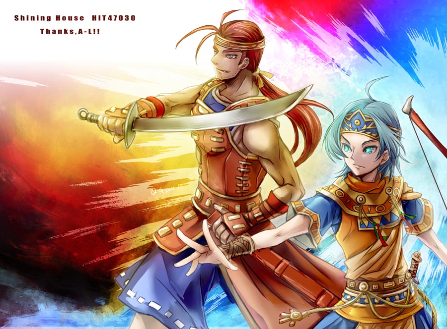 2boys, ahoge, amiti_(golden_sun), armor, blue_eyes, blue_hair, bow_(weapon), eoleo_(golden_sun), facial_hair, golden_sun, golden_sun:_dark_dawn, headband, long_hair, male_focus, multiple_boys, ponytail, qgame, red_eyes, red_hair, scimitar, stubble, sword, vambraces, weapon