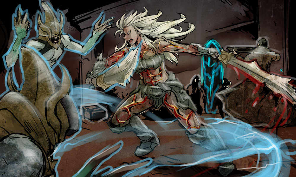 1girl, abs, angry, animification, armor, barbarian_(diablo_3), bikini_armor, boots, crop_top, diablo, diablo_(series), diablo_3, dual_wielding, fantasy, female_focus, fighting_stance, floating_hair, gauntlets, glowing, greaves, holding, horns, loincloth, long_hair, midriff, monster, muscular, open_mouth, qgame, shadow, skirt, skull, solo, spiked_hair, spread_legs, standing, sword, teeth, thigh_boots, thighhighs, weapon, white_hair