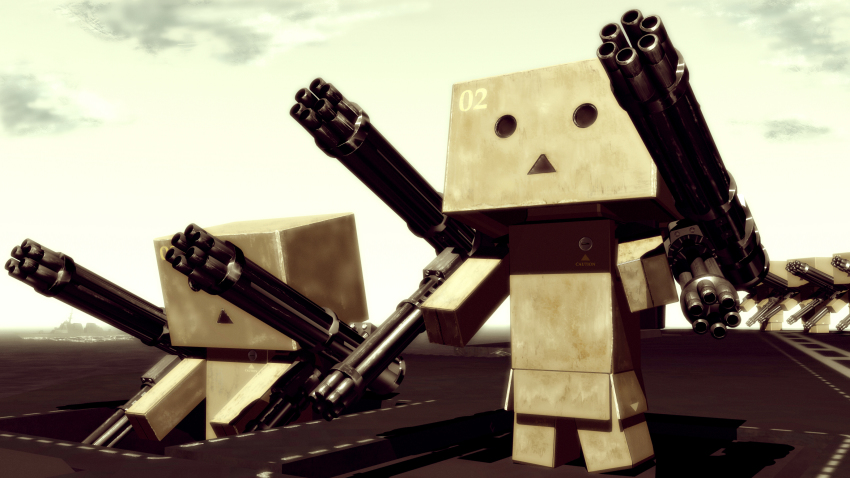 3d, absurdres, cardboard, danboo, gatling_gun, gun, highres, md5_mismatch, nihiro, no_humans, resolution_mismatch, source_smaller, weapon, yotsubato!