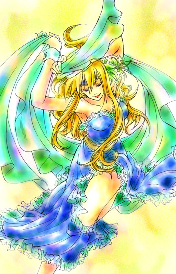 blonde_hair, blue_eyes, dancer, dress, gensou_suikoden, gensou_suikoden_i, long_hair, mina_(suikoden)