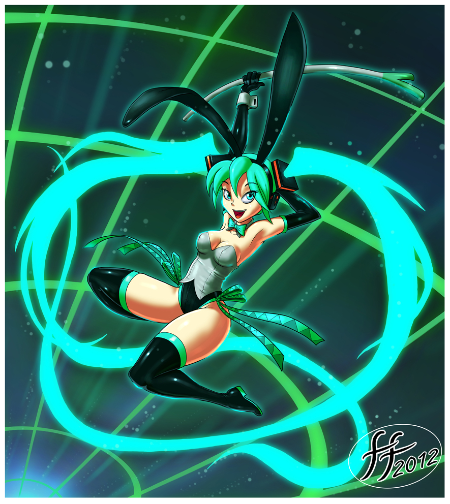 14-bis, 1girl, adapted_costume, animal_ears, aqua_eyes, aqua_hair, armpits, bare_shoulders, black_gloves, black_thighhighs, bow, bowtie, breasts, bustier, cleavage, elbow_gloves, fake_animal_ears, female_focus, gloves, hair_ornament, hatsune_miku, headphones, long_hair, open_mouth, playboy_bunny, rabbit_ears, ribbon, solo, spring_onion, thick_thighs, thighhighs, thighs, twintails, very_long_hair, vocaloid