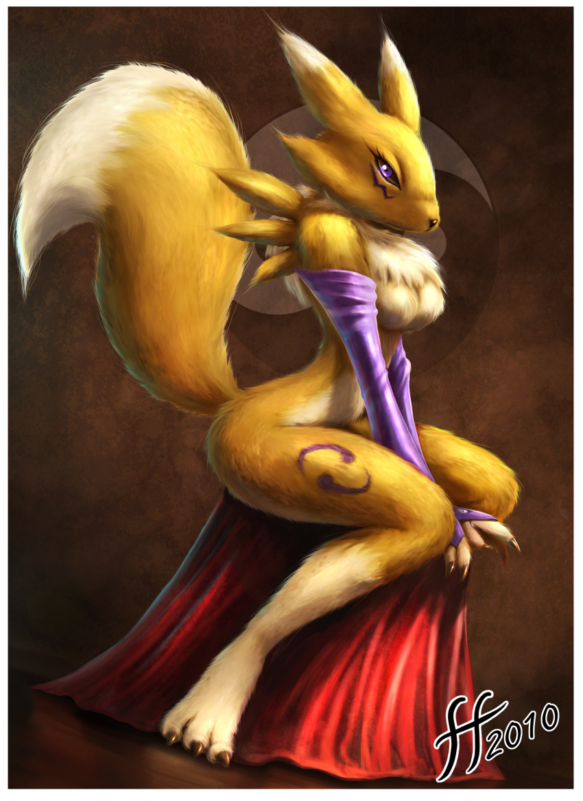 00s, 14-bis, 1girl, 2010, absurdres, animal_nose, black_sclera, body_fur, bridal_gauntlets, claws, colored_sclera, digimon, digimon_(creature), digimon_tamers, elbow_gloves, fox, furry, gloves, highres, nude, purple_eyes, renamon, sitting, tail, v_arms, yin_yang