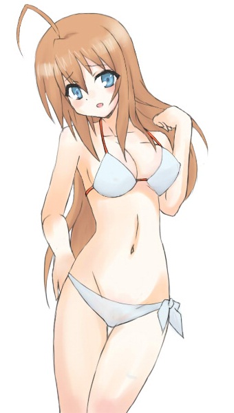 1girl, bikini, blue_eyes, brown_hair, flanker, konoe_subaru, long_hair, mayo_chiki!, navel, swimsuit