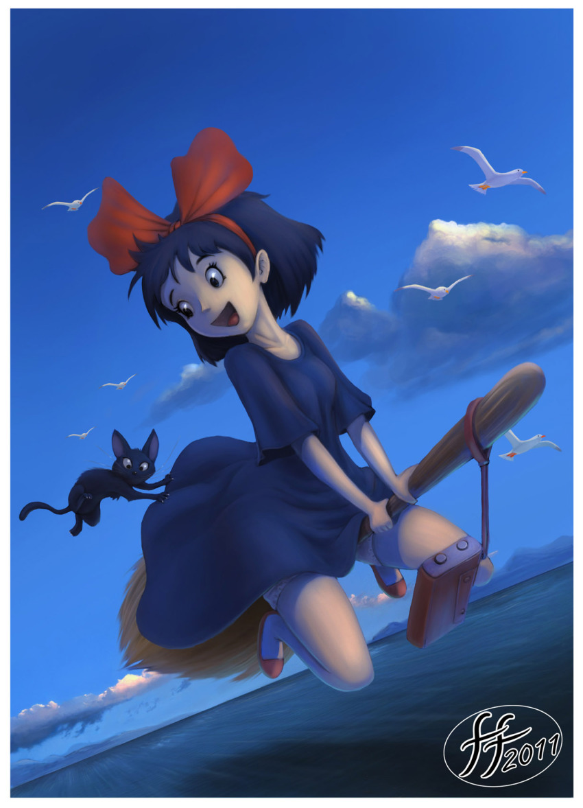 14-bis, 1980s_(style), 1girl, bag, bird, black_cat, black_hair, bloomers