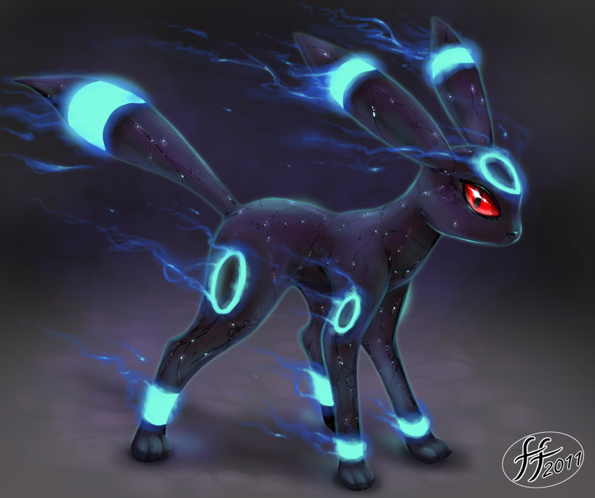 14-bis, alternate_color, crack, dated, gen_2_pokemon, glowing, highres, neon_trim, nintendo, no_humans, pokemon, pokemon_(creature), realistic, red_eyes, shiny_pokemon, slit_pupils, solo, umbreon