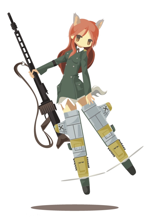 1girl, animal_ears, chibi, female_focus, flying, gun, kamereon_three, machine_gun