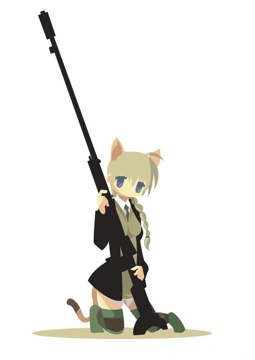 1girl, ahoge, animal_ears, anti-materiel_rifle, braid, cat_ears, cat_tail, chibi, female_focus, gun, kamereon_three, kneeling, lynette_bishop, military, military_uniform, rifle, sniper_rifle, solo, strike_witches, striped_clothes, striped_thighhighs, sweater, tail, thighhighs, weapon, world_witches_series