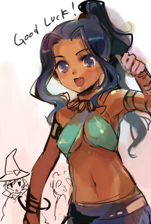 2girls, :d, :o, ame_yamori, armlet, armpits, atlus, bard_(sekaiju), bard_4_(sekaiju), bare_shoulders, bear, belt, black_hair, blush, bracer, breasts, cloak, crop_top, dark-skinned_female, dark_skin, diamond_mouth, doctor_magus, english_text, etrian_odyssey, hat, jewelry, lineart, long_hair, looking_at_viewer, lowres, medium_breasts, midriff, multiple_girls, navel, necklace, open_mouth, pet_(sekaiju), ponytail, purple_eyes, sidelocks, sketch, smile, standing, surprised, thumbs_up, underboob, upper_body, witch_hat