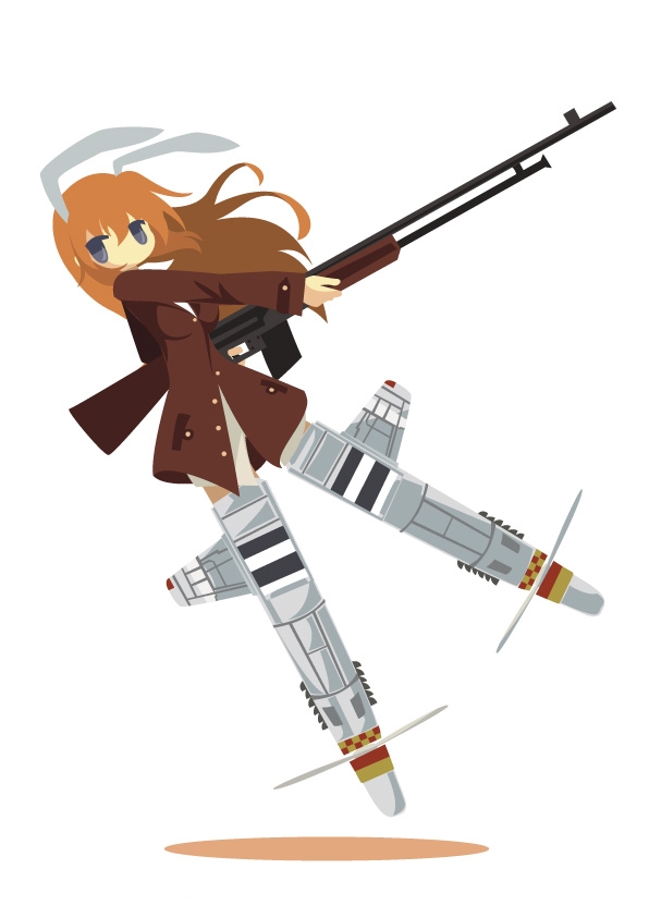 1girl, animal_ears, browning_automatic_rifle, charlotte_e._yeager, chibi, female_focus, flying, gun