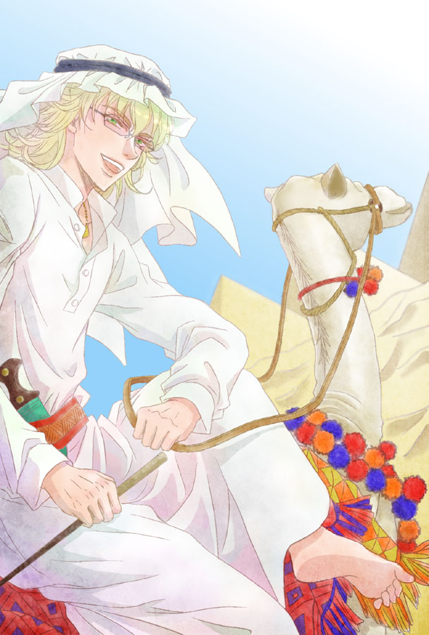 10s, 1boy, barefoot, barnaby_brooks_jr., blonde_hair, camel, desert, dromedary_camel, egypt, glasses, green_eyes, keffiyeh, male_focus, pyramid_(structure), pyramids, solo, thobe, tiger_&amp;_bunny, yuhmi