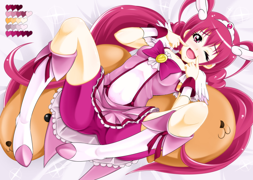 10s, 1girl, bike_shorts, bike_shorts_under_skirt, boots, bow, choker, cure_happy, dress, female_focus, head_wings, highres, hoshizora_miyuki, knee_boots, long_hair, magical_girl, one_eye_closed, open_mouth, pink_bow, pink_eyes, pink_hair, pink_shorts, pink_skirt, pink_theme, precure, shorts, shorts_under_skirt, skirt, smile, smile_precure!, solo, spread_legs, tiara, twintails, wings, wink, yoshihisa_(yoshihisa0111)