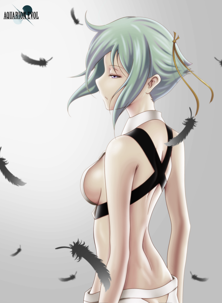 1girl, aquarion_(series), aquarion_evol, ass_cutout, back, bad_id, bad_pixiv_id, breasts, clothing_cutout, feathers, female_focus, final_fantasy, final_fantasy_vii, green_hair, grey_background, parody, purple_eyes, revealing_clothes, short_hair, sideboob, solo, tennen_ahoke, zessica_wong