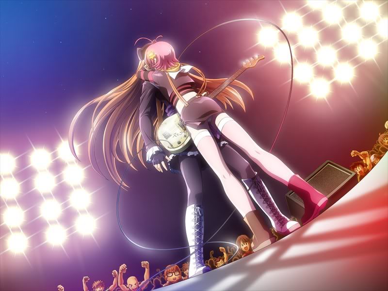 1boy, 1girl, antenna_hair, ass, bass_guitar, boots, brown_hair, concert, couple, crossdressing, dutch_angle, fingerless_gloves, game_cg, gloves, hair_ornament, hetero, hug, instrument, katakura_shinji, kira_kira, kiss, long_hair, maejima_shikako, maejima_shikanosuke, orange_hair, pink_hair, shiino_kirari, skirt, suspenders, trap, very_long_hair, wire