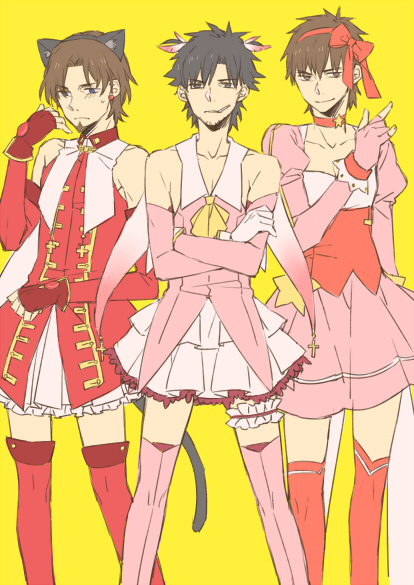 3boys, animal_ears, bad_id, bad_pixiv_id, blue_eyes, boots, brown_eyes, brown_hair