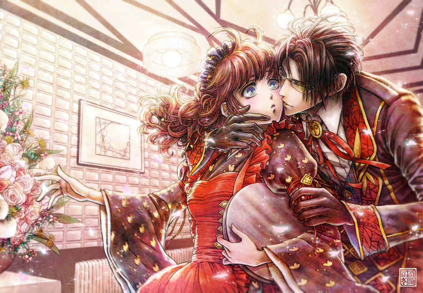 1boy, 1girl, amnesia_(idea_factory), arm_grab, black_hair, brown_hair, flower, formal_clothes, glasses, gloves, hairband, heroine_(amnesia), imminent_kiss, long_hair, md5_mismatch, rairiary, resolution_mismatch, rose, source_smaller, suit, surprised, tray, waitress, waka_(amnesia), white_flower, white_rose