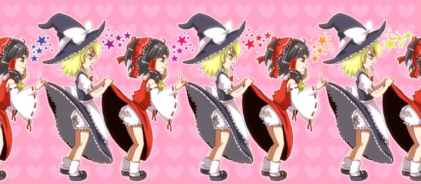 2girls, animal_print, ascot, bad_id, bad_pixiv_id, batako_(artist), bear_print, black_hair, blonde_hair, bloomers, bow, brown_eyes, cat_panties, cat_print, clothes_lift, detached_sleeves, female_focus, food_in_mouth, hair_bow, hair_tubes, hakurei_reimu, kirisame_marisa, long_hair, mary_janes, mouth_hold, multiple_girls, panties, print_panties, shoes, skirt, skirt_lift, star_(symbol), touhou, underwear, yellow_eyes