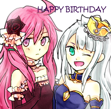 2girls, ahoge, aqua_eyes, ashley_(luminous_arc), bare_shoulders, breasts, choker, crown