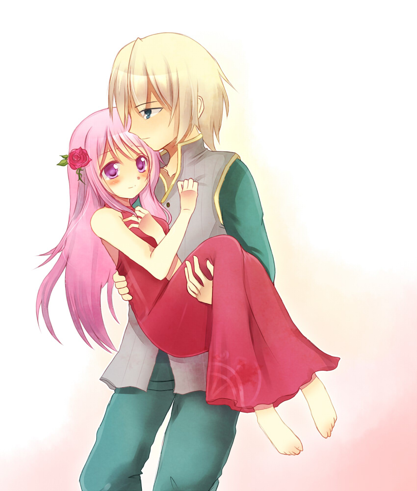 1boy, 1girl, ashley_(luminous_arc), bare_shoulders, barefoot, blonde_hair, blue_eyes, blush