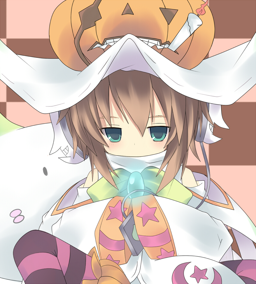 1girl, bare_shoulders, blue_eyes, blush, brown_hair, detached_sleeves, hat, luminous_arc