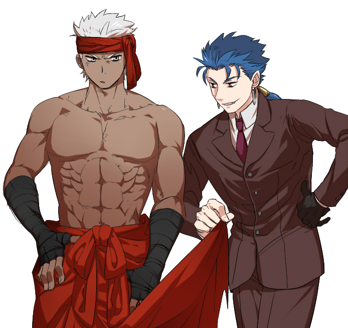 2boys, angra_mainyu_(fate), angra_mainyu_(fate)_(cosplay), archer_(fate), bandana, bazett_fraga_mcremitz, bazett_fraga_mcremitz_(cosplay), blue_hair, cosplay, cu_chulainn_(fate), cu_chulainn_(lancer)_(fate), dark-skinned_male, dark_skin, fate/hollow_ataraxia, fate/stay_night, fate_(series), formal_clothes, gloves, grey_eyes, hand_wraps, long_hair, male_focus, multiple_boys, necktie, ponytail, red_eyes, san_moto, single_glove, suit, topless_male, white_hair