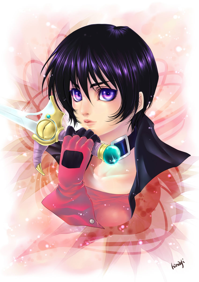 1girl, bad_id, bad_pixiv_id, black_hair, black_neckwear, choker, female_focus, gloves, highres, lips, pink_background, purple_eyes, rutee_katrea, short_hair, solo, sword, tales_of_(series), tales_of_destiny, usui_hinagi, weapon