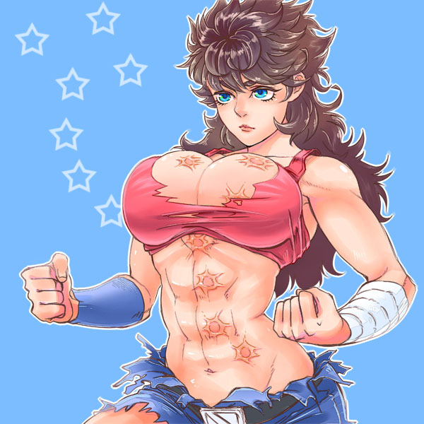 1girl, abs, bad_id, bad_pixiv_id, bandages, blue_background, blue_eyes, breasts, brown_hair, cleavage, denim, female_focus, genderswap, genderswap_(mtf), hokuto_no_ken, jobiko, kenshiro, large_breasts, long_hair, mullet, muscular, muscular_female, navel, scar, shirt, solo, star_(symbol), tank_top, torn_clothes, torn_shirt