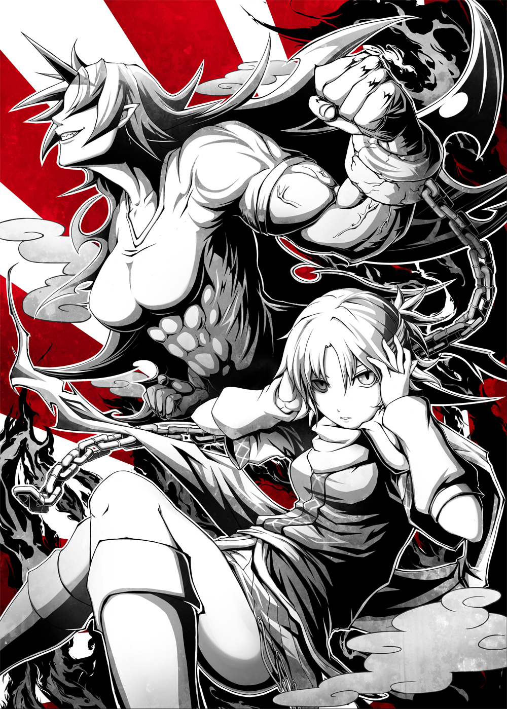 2girls, abs, arm_warmers, breasts, chain, clenched_hand, cuffs, female_focus