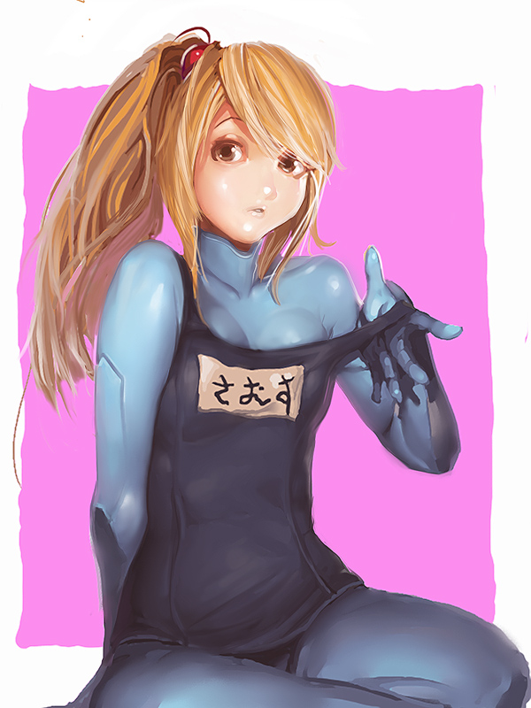 1girl, blue_bodysuit, bodysuit, female_focus, kichin_yarou, metroid, name_tag, nintendo, no_lineart, one-piece_swimsuit, ponytail, samus_aran, school_swimsuit, skin_tight, solo, swimsuit, swimsuit_over_bodysuit, swimsuit_over_clothes, zero_suit