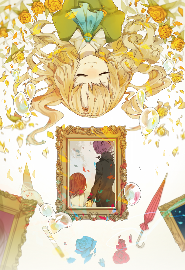 1boy, 2girls, bad_id, bad_pixiv_id, blonde_hair, blue_flower, blue_rose, brown_hair