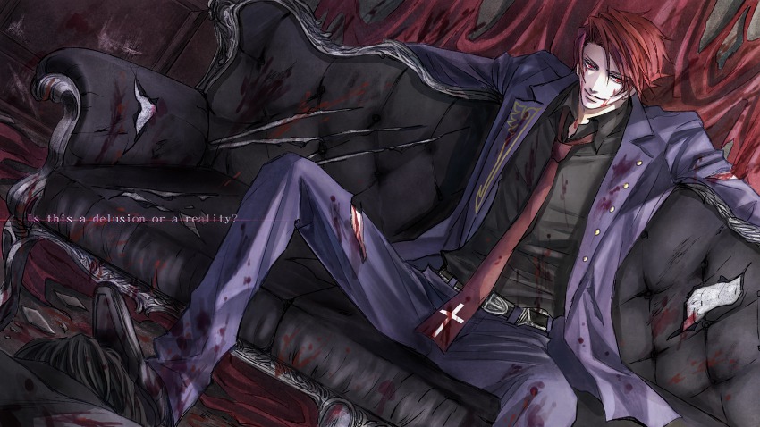 1boy, bad_id, bad_pixiv_id, black_battler, blood, couch, cross, dark_persona