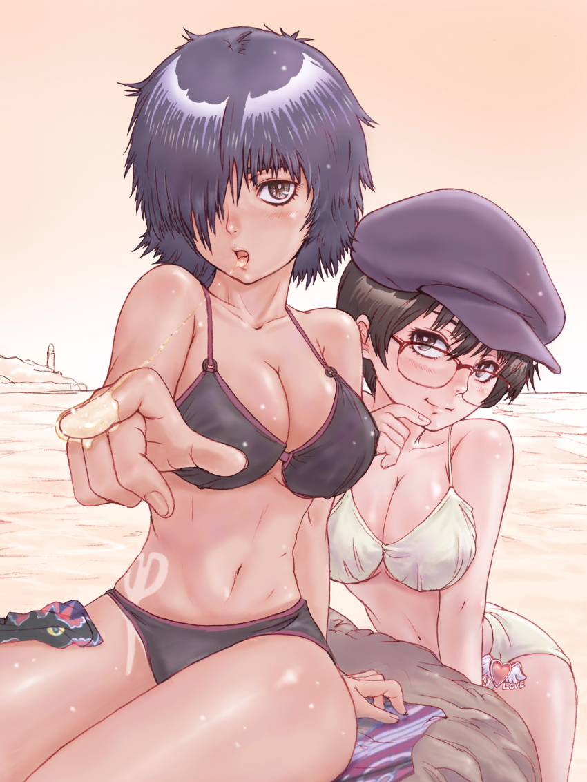 2girls, :o, absurdres, arched_back, arm_support, bare_shoulders, bikini, black_eyes, black_hair, blush, breasts, brown_hair, cleavage, finger_to_mouth, foreshortening, glasses, hair_over_one_eye, hat, head_tilt, heart, highres, large_breasts, multiple_girls, navel, nazo_no_kanojo_x, o-ring, o-ring_top, ocean, oka_ayuko, over-rim_eyewear, red-framed_eyewear, revision, rock, saliva, saliva_trail, scissors, semi-rimless_eyewear, shiny_skin, short_hair, sitting, strap_gap, swimsuit, tan, tan_tattoo, tanline, tattoo, urabe_mikoto, water, yoshikawa_kazunori