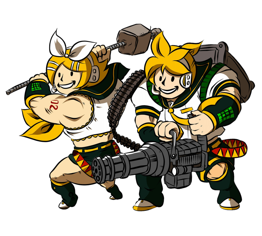 1boy, 1girl, ammunition_belt, blonde_hair, bow, carrying, detached_sleeves, fallout, fallout:_new_vegas, gatling_gun, gun, gyamo, hair_bow, headset, highres, kagamine_len, kagamine_rin, minigun, mob_face, muscular, parody, rebar_club, sailor_collar, smile, solid_circle_eyes, solid_oval_eyes, vault_boy, vault_girl, vocaloid, weapon, white_background