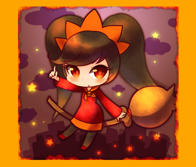 1girl, :o, araragi_natsuki, ashley_(warioware), black_hair, broom, chibi, cityscape