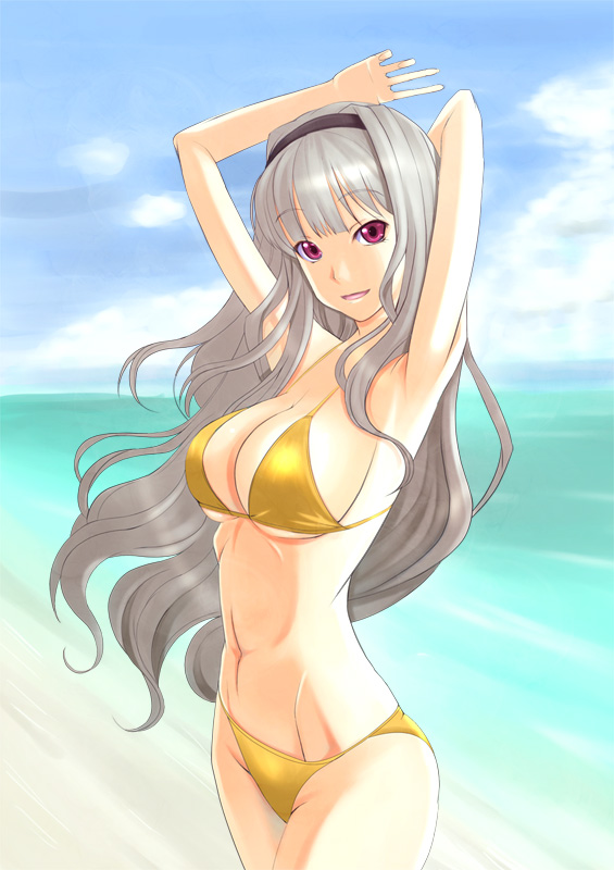 1girl, armpits, arms_up, beach, bikini, breasts, day, female_focus, hairband, idolmaster, idolmaster_(classic), long_hair, ocean, pink_eyes, shijou_takane, silver_hair, solo, swimsuit, takase_hiro, yellow_bikini