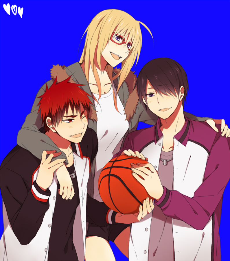 1girl, 2boys, alexandra_garcia, ball, basketball, basketball_(object), blonde_hair, glasses