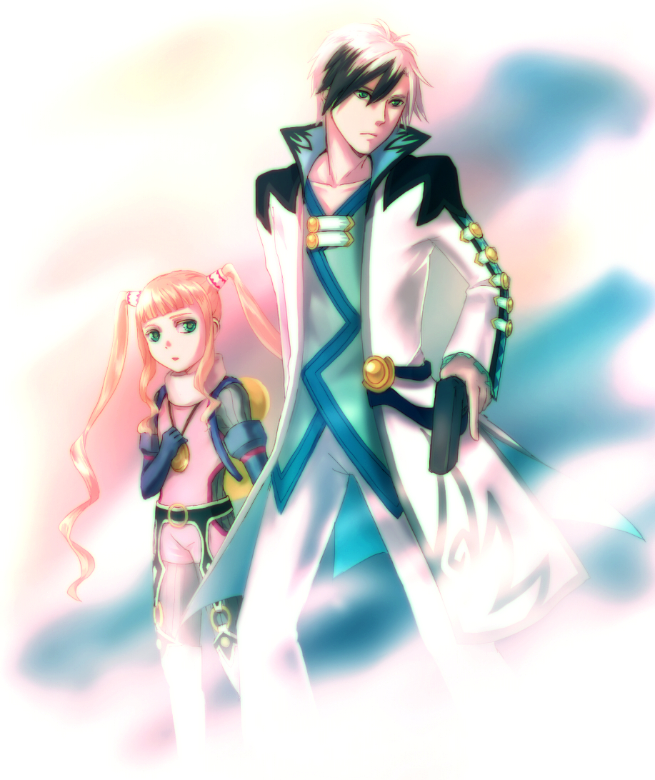 1boy, 1girl, aqua_eyes, asbel_lhant, asbel_lhant_(cosplay), black_hair, bodysuit, boots