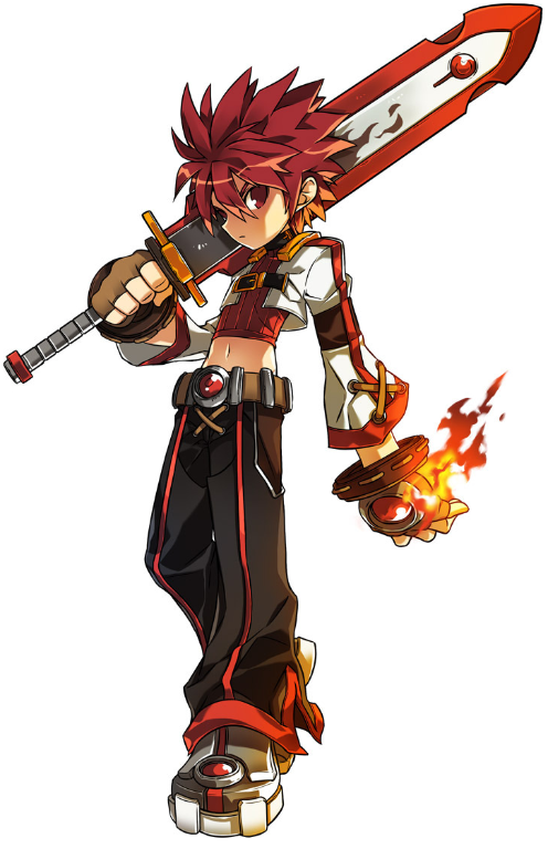 1boy, belt, black_pants, elsword, elsword_(character), fingerless_gloves, fire, full_body, gloves, jacket, magic_knight_(elsword), male_focus, midriff, navel, official_art, over_shoulder, pants, red_hair, ress, shoes, solo, sword, weapon, white_background