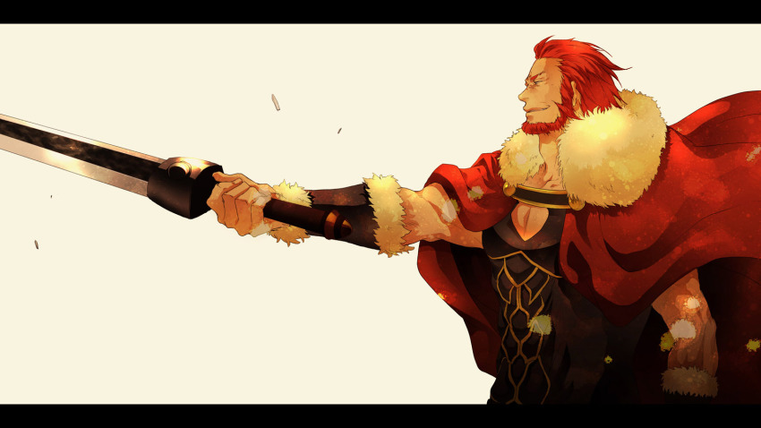 1boy, armor, beard, cape, facial_hair, fate/zero, fate_(series), highres, iskandar_(fate), letterboxed, male_focus, nicorica, red_eyes, red_hair, solo, sword, weapon