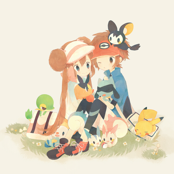 10s, 1boy, 1girl, alternate_color, animal, animal_on_head, bag, blue_eyes, bow, brown_background, brown_eyes, brown_hair, double_bun, emolga, gen_1_pokemon, gen_4_pokemon, gen_5_pokemon, grass, hair_bow, hair_bun, hat, jacket, long_hair, mero_(jiantumelody), nate_(pokemon), nintendo, on_head, one_eye_closed, oshawott, pachirisu, pikachu, poke_ball, pokemon, pokemon_(creature), pokemon_black_2_and_white_2, pokemon_on_head, raglan_sleeves, riolu, rosa_(pokemon), shiny_pokemon, shoes, short_hair, shorts, simple_background, sitting, sneakers, snivy, starter_pokemon_trio, tepig, twintails, visor_cap, wink