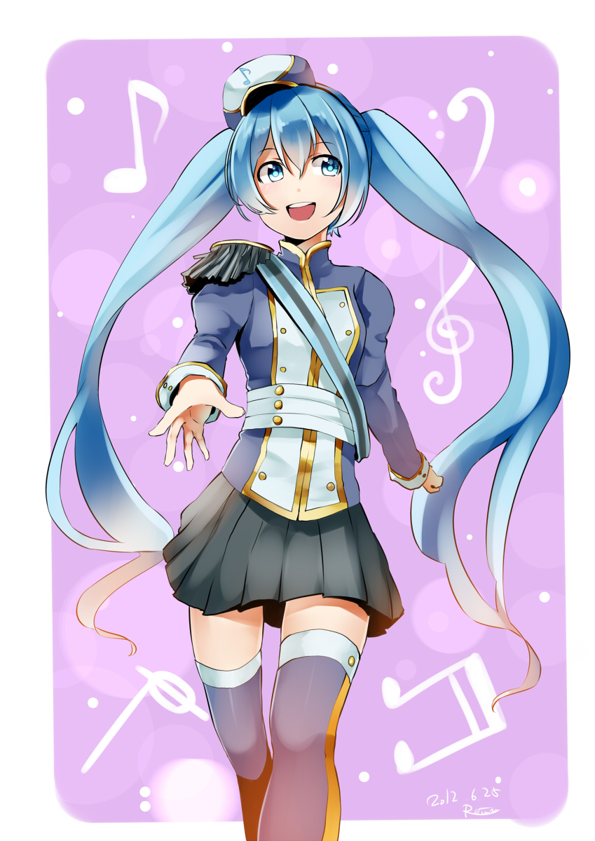 10s, 1girl, 2012, aqua_eyes, aqua_hair, dated, doremifa_rondo_(vocaloid), female_focus, hat, hatsune_miku, highres, long_hair, musical_note, open_mouth, retsuna, signature, skirt, solo, thighhighs, twintails, very_long_hair, vocaloid, walking