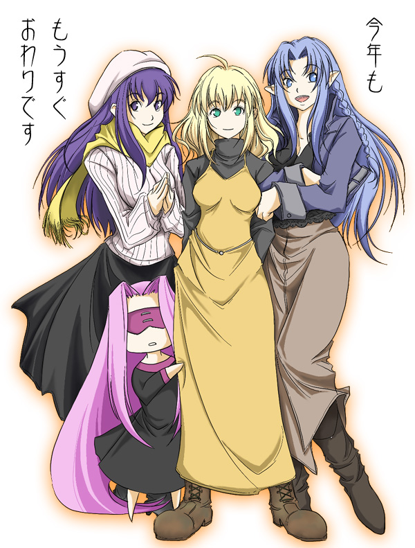 00s, 4girls, artoria_pendragon_(fate), casual, chibi, dress, fate/stay_night, fate_(series)
