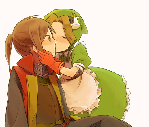 2girls, apron, armor, atlus, bad_id, bad_pixiv_id, blush, breastplate, brown_eyes, brown_hair, closed_eyes, cow, dress, etrian_odyssey, farmer_(sekaiju), farmer_2_(sekaiju), frilled_dress, frills, gloves, holding, hoshigaki_(kyuukp), kiss, multiple_girls, parted_bangs, pin, ponytail, sekaiju_no_meikyuu, sekaiju_no_meikyuu_3, shogun_(sekaiju), shogun_1_(sekaiju), short_hair, sitting, yuri