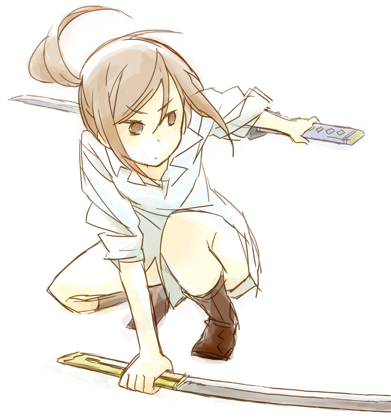 1girl, ahoge, atlus, bad_id, bad_pixiv_id, boots, brown_eyes, brown_hair