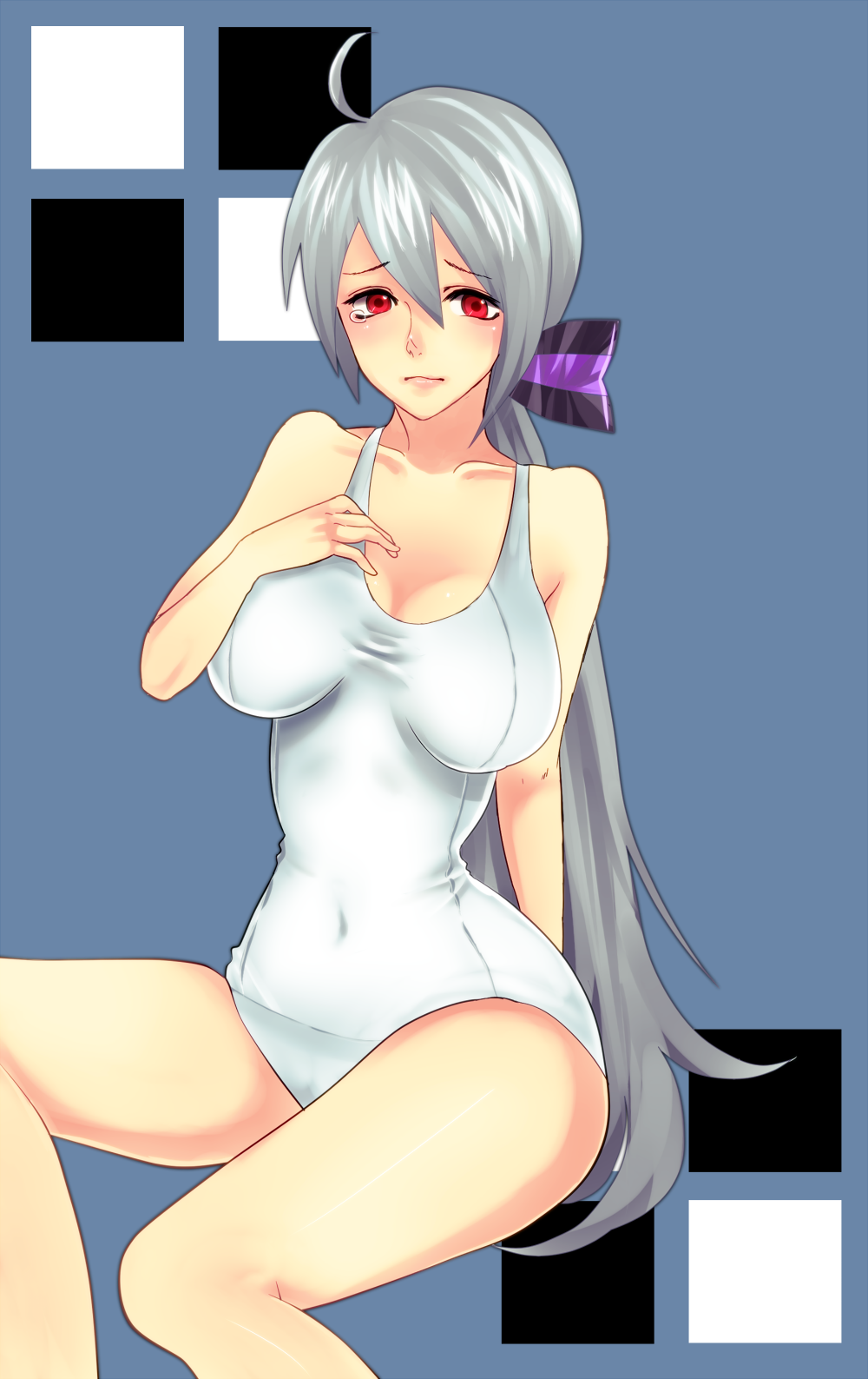 asanome, breasts, hand_on_own_chest, highres, large_breasts, red_eyes, silver_hair, swimsuit